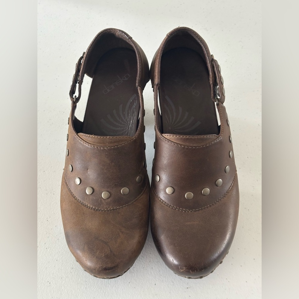 Dansko Brown Leather Mules with Stud Accents